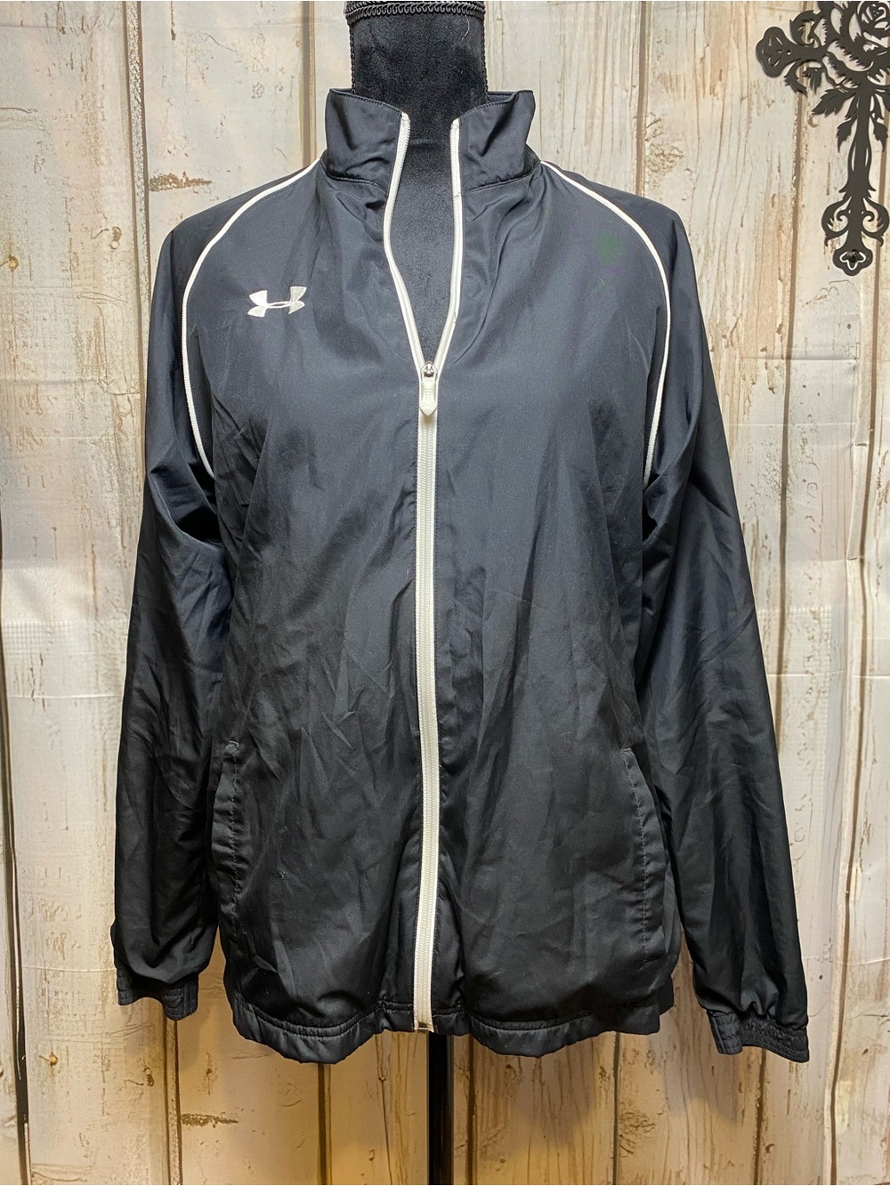Under Armour Black Windbreaker Jacket with White Piping Sz-PS